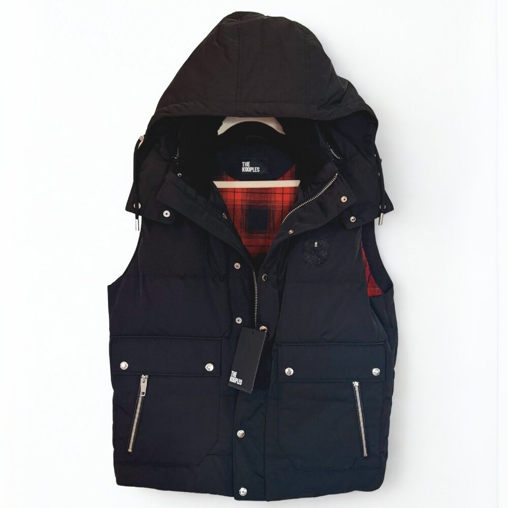 SOLD * Kooples Men’s Down Vest  S Black Plaid Lined Hood Lambskin Trim NWT $695